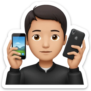 a chinese holding 1 smartphone with both hands in landscape mode(horizontally) on top of his forehead sticker