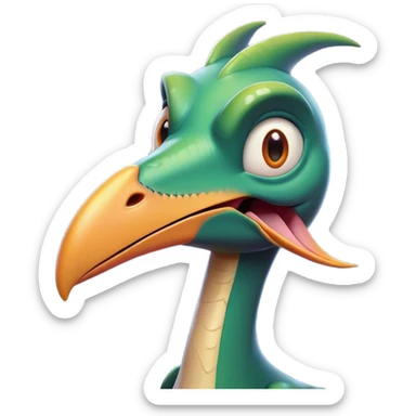 Cinematic Comical Pterodactyl Portrait Emoji, Head tilted dramatically with an exaggeratedly shocked expression, featuring a sleek, streamlined body with a quirky, animated beak and wide, comically expressive eyes full of playful disbelief, Simplified yet hilariously expressive features, highly detailed, glowing with a slightly sassy ethereal glow, high shine, dramatic yet playful, stylized with an air of cheeky prehistoric mischief, soft glowing outline, capturing the essence of a meme-worthy Pterodactyl that looks ready to side-eye its way into viral fame! sticker