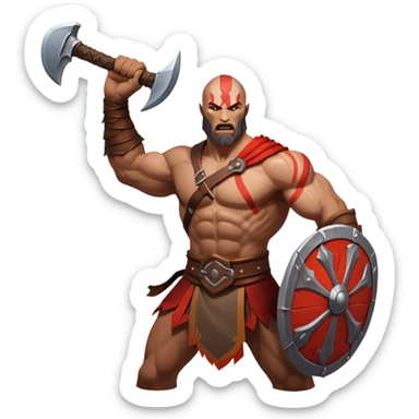 An icon showing a powerful warrior wielding a weapon, ready for battle, inspired by God of War: Ragnarok. The design captures the strength and determination of the character, with dynamic motion lines and a fiery, epic background. Transparent background highlights the action sticker