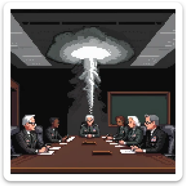a SNES box art image of PENTAGON officials in a dark smoke filled board room meeting. cutscene graphic - 3/4 side perspective sticker