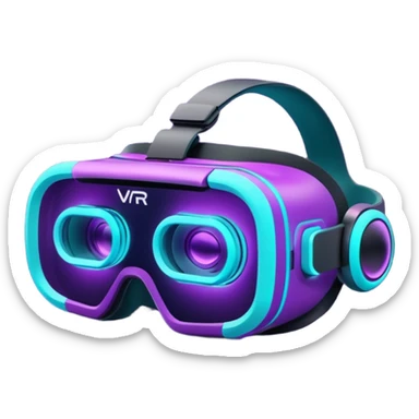 Futuristic glowing neon VR headset emoji, purple and cyan light, dark background, digital tech style sticker