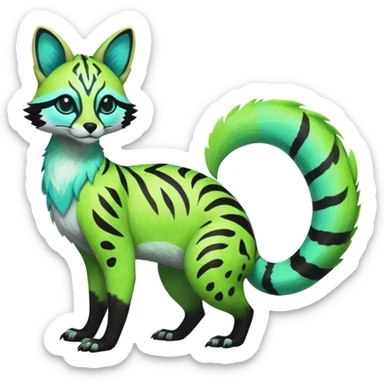 Rare realistic iridescent neon lime-green & cyan white black lush tropical exotic edgy epic pretty beautiful handsome gorgeous aesthetic colorful vibrant Vernid-Protogen-Primagen-Genet-Trico-species-Fakemon-hybrid-creature by LiLaiRa, beautiful intricate markings, full body sticker