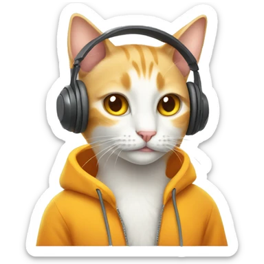 White and orange cat wearing a headphones and yellow sweater sticker