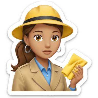 A cleaning Lady with Brown hair, high ponytail and yellow cleaning gloths is Talking to a Detektive with beige had, a beige coap and he is interviewing the cleaning Lady sticker