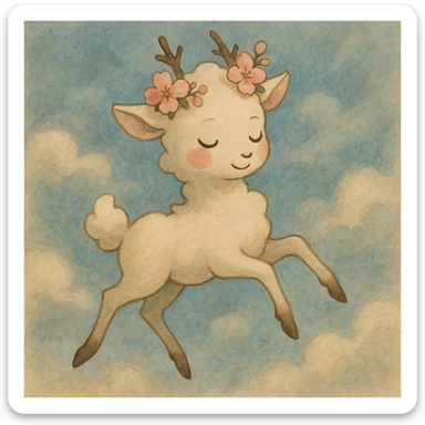 Refine this vanilla cloud doe with rosy cheeks and a cherry blossom crown to float with witch-like grace, enhancing its suitability as a brand identity mascot for social media. Keep the style soft and whimsical, and ensure the pose and expression convey magical, graceful floating energy in a ghibli style. sticker