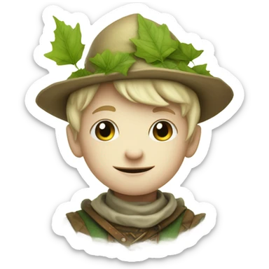 whimsical fairytale medieval pale boy who is tiny and wearing a leaf hat and big boots sticker