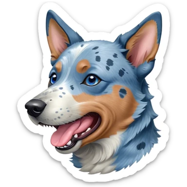 Cinematic Cute Yawning Blue Speckle Australian Cattle Dog Portrait Emoji, Head tilted slightly with a dramatic, wide-open yawn, showcasing a sleek blue speckle Fur with distinct markings, floppy ears slightly drooping, round blue eyes barely open in drowsy contentment, Simplified yet irresistibly adorable features, highly detailed, glowing with a soft, cozy glow, high shine, relaxed yet expressive, stylized with a touch of whimsy, bright and endearing, soft glowing outline, capturing the essence of a sleepy yet affectionate herder, so drowsy it feels like it could stretch out of the screen and curl up for a nap! sticker
