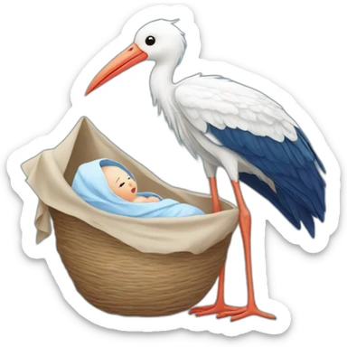 White stork carrying a blue bundle of cloth in its beak that has a human person cute baby with and the human baby head is peeking from the fabric bundle the strok is carrying with its beak sticker