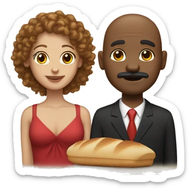 Light skin girl with curly brown hair with red at the bottom and a black bald man with a bread and mustache sticker