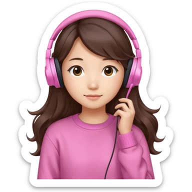 a asian japanese girl with wavy long silky brown hair and no bangs. the right side of hair is set on her shoulder she has a cute pink gaming headphones. she is wearing a cute pink sweater  sticker