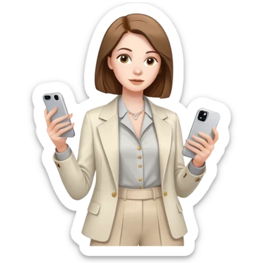 pale skin woman with brown Straightened bob Hair, White Spacious classical jacket, beige palazzo Arrow pants and gray blouse holding white IPhone 15 pro in the hands sticker