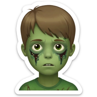 quero um emoji de um menino com pele de zumbi cabelo castanho claro e de franja olhos menores boca fechada pele verde  sticker