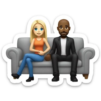 Blonde woman with blue eyes and long straight hair and black man who is bald with a goatee seated together on a sofa with their legs touching and their arms around each other.   sticker