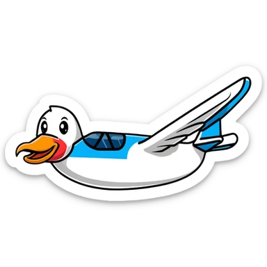 A cute airplane with a goose head and neck, flying with aircraft wings sticker