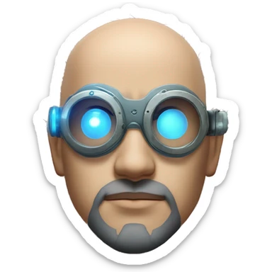  Bald Asian male cyborg head with light blue beard, red steampunk goggles and circuits sticker