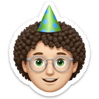 A white guy with curly brown hair and green eyes with a happy face, and wear square black glasses.He’s also got a full silver birthday party hat on his head with blue pom poms on top of it, and his T-shirt is all black, he wears a little gold circle earrings on his left  sticker