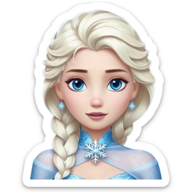 Cinematic Realistic Elsa Portrait, depicted with lifelike skin texture, soft natural lighting, and intricately detailed platinum blonde hair styled elegantly. Her striking, expressive blue eyes exude confidence and grace, complemented by a serene and regal expression. She holds a shimmering snowflake delicately in one hand, her other hand resting against her gown, embodying the power and beauty of winter. She is dressed in her signature icy attire, with shimmering fabric textures and delicate folds that catch the light beautifully. The portrait features a soft, enchanting glow with a cool, radiant finish, capturing the essence of timeless elegance in a realistic and painterly style. sticker