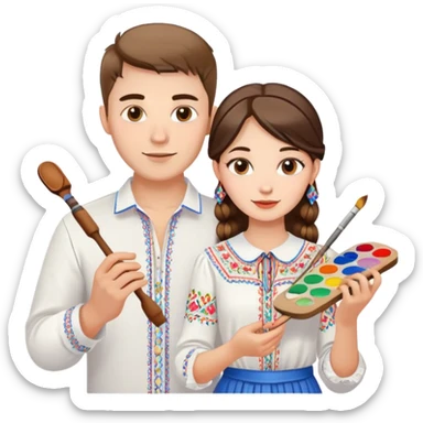 a guy in a white Ukrainian embroidered shirt and a girl in a white Ukrainian embroidered shirt, holding music and a paint palette sticker