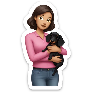 a brunette woman in a pink shirt, with white skin, holding black dachshund puppy in her arms lovingly sticker