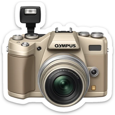 Extremely minimal Olympus Superzoom 70G camera from front view, grayish-beige color, simplified to basic geometric shapes, just hint of lens and minimal details sticker