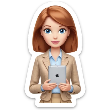 A Barbie girl with blue eyes, shoulder-length reddish-brown hair, made-up, wearing a beige tweed jacket and a beige skirt,  with a iPad sticker