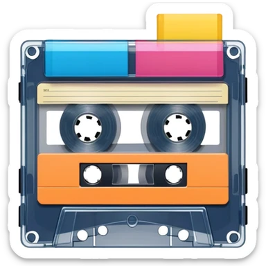 A colorful retro cassette tape with visible tape spools sticker