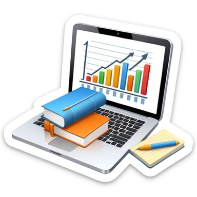 Icon for Business Reading: a prominent book at the forefront, laptop and notepad around it, along with a bar graph and symbolizing ideas and growth. The icon should represent the knowledge and strategy of business literature. Transparent background. sticker