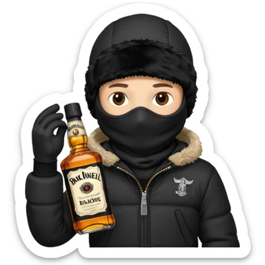 Junge mit Sturmhaube in der Rechten hand eine jacky flasche und schwarze winterjacke mit fell an der mütze 2 meter gross sticker