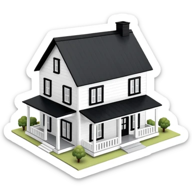 modern farmhouse dollhouse, 3d isometric, white with black trim sticker