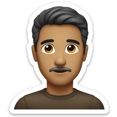man, Hair is short, straight, and dark brown in color.
Face is oval-shaped.
Eyes are medium-sized, with a serious and slightly contemplative expression. sticker