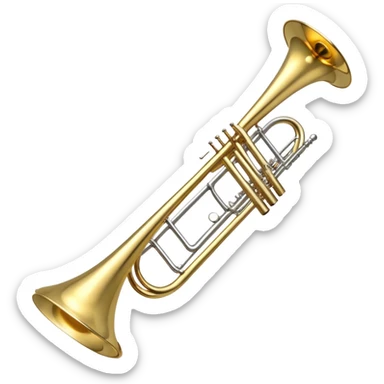 Create an elegant and detailed emoji representing the Bach Bb/F tenor trombone. The design should feature the smooth, shiny brass body of the trombone, showcasing its large, flared bell and curved tubing. Highlight the tuning slide with its polished metal finish, and the mouthpiece should be clearly visible. The trombone’s surface should have a gleaming brass tone with subtle silver accents around the mouthpiece and slide. Add a few musical notes or soundwaves emanating from the bell to emphasize the powerful sound of the trombone. Use golden and brass tones with reflective light effects to enhance the trombone’s professional and high-quality appearance. The background should be transparent. sticker