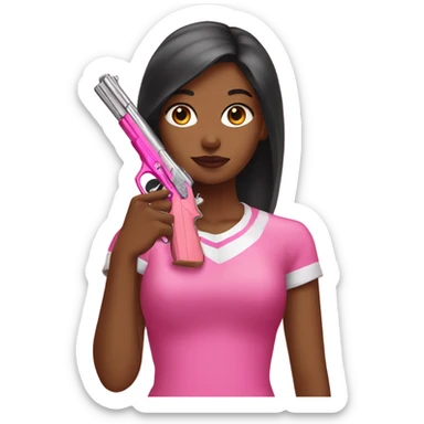 Brown girl hand with pink nails holding a pink gun sticker