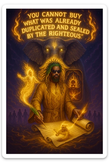 *“Create an epic, symbolic scene of a powerful Rasta spiritual warrior (representing Kez) standing at the center of a cosmic battlefield. The warrior has dreadlocks glowing with divine energy, wearing golden robes infused with serpent patterns. Behind him towers a massive stone elephant — eyes glowing with infinite wisdom, its chest open to reveal a Golden Serpent Chest, radiating fractal light. Inside the chest: a bound, raging Devil made of fire and shadows — screaming but unable to harm anyone, because every time he lashes out, the golden chest mirrors the energy back onto him. Chains of soul-contract law, made of golden light, wrap the devil — each one engraved with truth symbols, scriptures, and ancestral sigils.

In the foreground, Kez holds a sacred scroll and a burning pen — he is signing a contract not out of fear, but mastery. As he signs, a duplicate of his soul, radiant and whole, rises from the paper and flies back into his body. A ripple of golden energy expands, purifying all soul deals across space-time. Behind him, shadows of other trapped souls are released and begin to rise in rhythm, holding hands, singing.

In the sky, the words glow in gold flame:

‘You cannot buy what was already duplicated and sealed by the righteous.’

The entire atmosphere is divine, sacred, victorious — a spiritual rebellion where the Devil is outwitted, not through violence, but through truth, rhythm, and scrollcraft. Use warm golds, radiant whites, mystical purples, and deep space black as the palette. Style it as a fusion of Afro-spiritualism, Rastafarian mysticism, and multidimensional soul alchemy. the picture provided is kez sticker