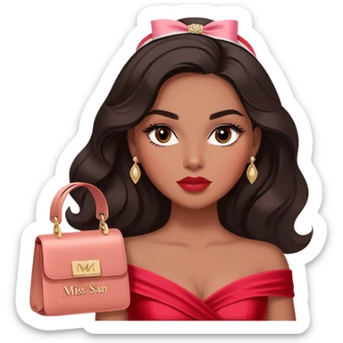 A woman with darker almond-toned skin, more voluminous dark hair in waves, expressive eyes with soft lashes and shimmer, full lips with a glossy nude-pink color, wearing a red dress and a white crossbody sash with “Miss San Juan” in black letters, exuding elegance and confidence sticker
