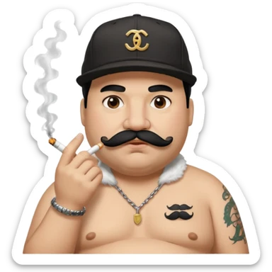 a fat father with white fur, black hair, a hip hop cap, a tattoo with a cigarette in his mouth, and a mustache. sticker