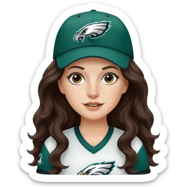 White girl with long dark brown wavy hair and freckles wearring a Philadelphia eagles jersey and hat sticker