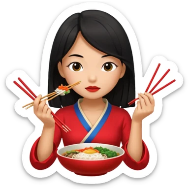 Girl with black long hair with red dress eat bibimbap close eyes chopstick sticker