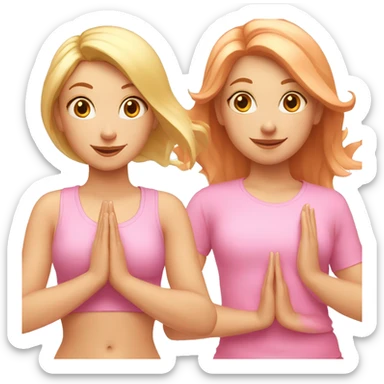 two girls doing yoga, one pale with copper hair and dressed in all pink, the other one blonde sticker