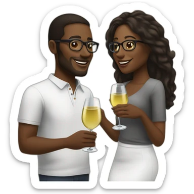 An African couple, a black woman with long dark blonde hair and brown eyes, and a black man with a medium fade haircut who wears glasses, toast to each other with a glass of white wine. sticker