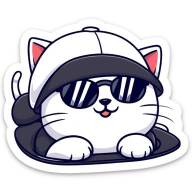 close-up of cat's face with one eye completely closed in an obvious wink, other eye open, wearing black snapback cap, black sunglasses positioned low on nose so cat is peeking over them, mischievous expression sticker