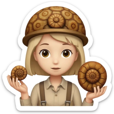 Shelly has a small, chibi-style body with a large ammonite-shaped head that looks like a beige fossil shell. One side of her head has a dark opening, making it clear she isn’t human. Her face is simple and soft, with big round eyes. She wears a brown suspender outfit over a lighter shirt sticker