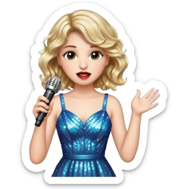 A short wavy female singer in sparkling dress holding a mic with emotional expression sticker