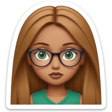 pretty bratz baddie, light brown straight hair, dark green eyes, glasses, pretty eyeliner sticker
