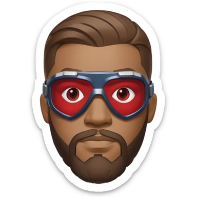 sam wilson with a close to the scalp hair  and  a well-groomed beard that connects to his mustache,  wear sleek, red-tinted tactical goggles fit snugly from captain america: civil war sticker