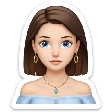 A pretty white girl with brunette hair blue eyes  thin gold hoop earrings and a matching gold necklace in a white shirt that cuts off the shoulders sticker