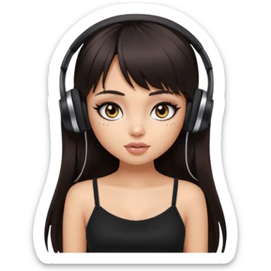 generate a pretty bratz girl in black cami top, dark brown straight long hair with bangs, eyeliner on, listeninh to music sticker