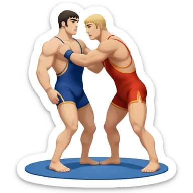 An icon showcasing two wrestlers engaged in a Greco-Roman wrestling match. The athletes are locked in a strong clinch, using their upper bodies to dominate. The background features a wrestling mat and traditional Greco-Roman elements. Transparent background. sticker