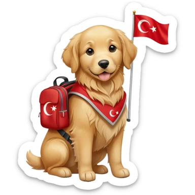dog with a backpack holding a Turkish flag sticker