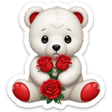 Cute white teddy bear with sad puppy dog eyes holding roses  sticker