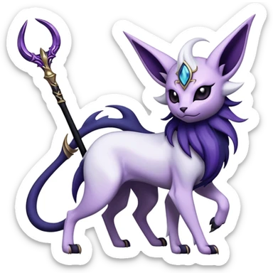 Shiny Exotic Badass Mystical Mysterious Gothic Espeon-Absol-Pokémon-Fakémon-hybrid-creature (full body) with a scythe-shaped-tail sticker